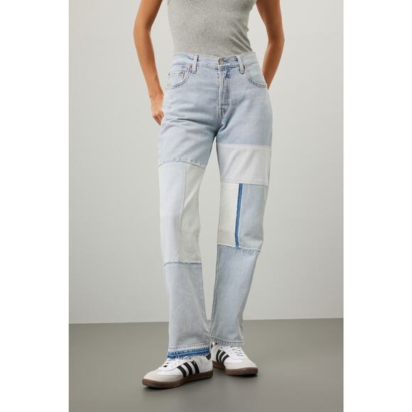 Levi's 501 Blue 100% Cotton Denim Patchwork Freehand Folk Jeans Size W 32 L 30 - Picture 1 of 16